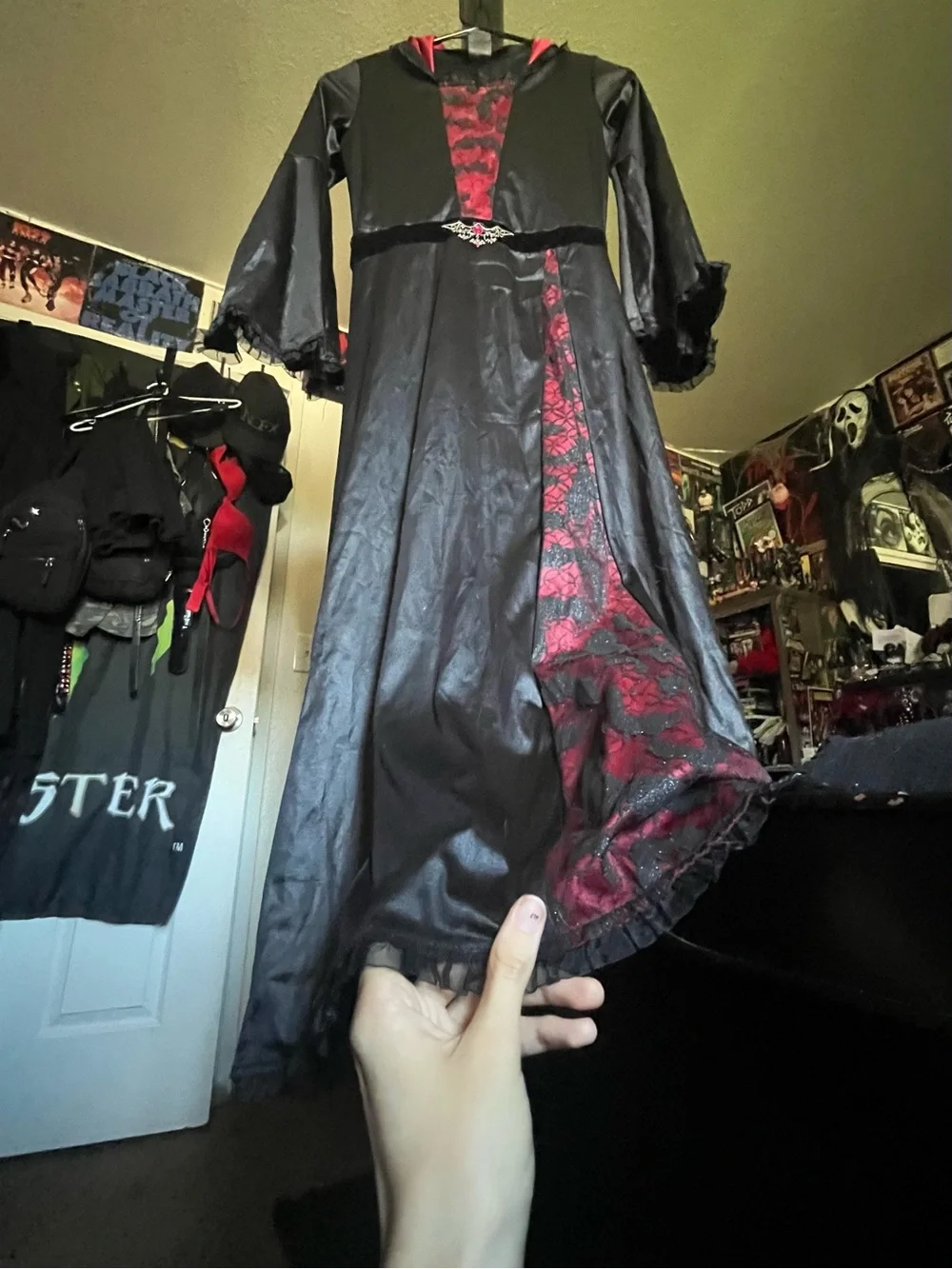 Spirit Halloween Black Dress with Red Lining and Brocade Front - Picture 3 of 6